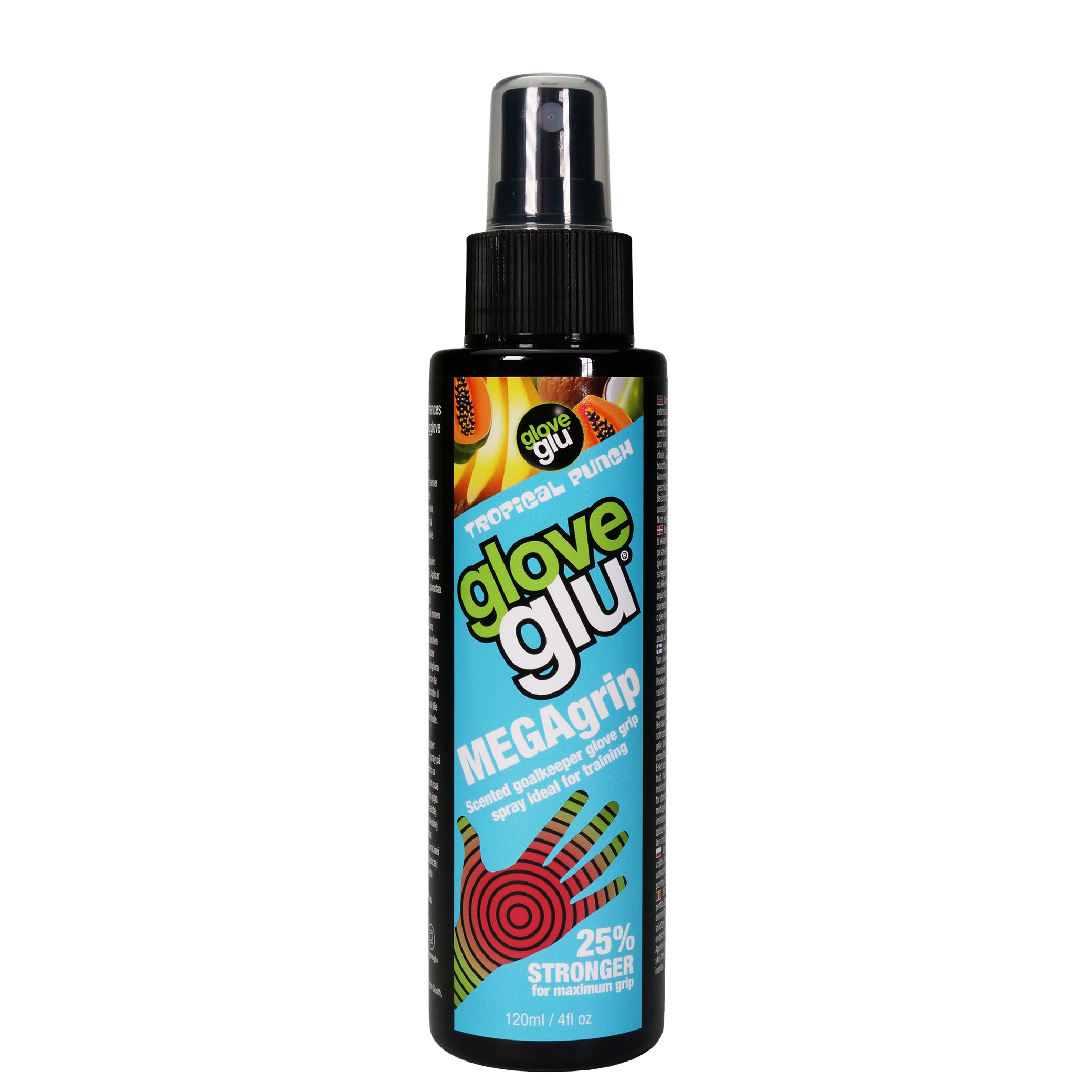 A 150ml black spray bottle of Glove Glu MEGArip grip Tropical Punch